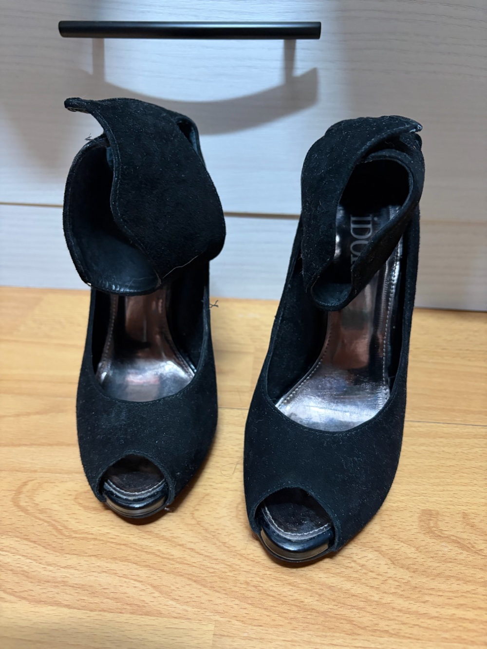 Black Suede Peep-Toe Heels with Draped Ankle Detail